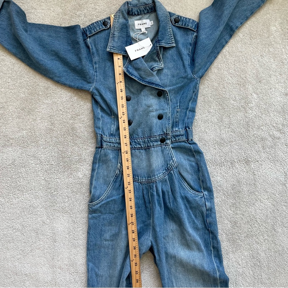 FRAME NWT MILITARY BAND PLEAST FRONT DENIM JUMPSUIT SIZE XS TRENDY STYLISH DATE - Picture 10 of 13